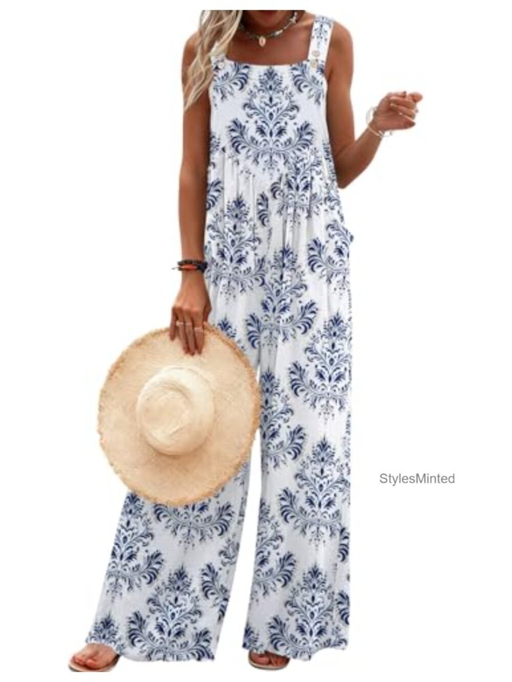Women's Boho Floral Print Jumpsuit Loose Fit Wide Leg Adjustable Straps